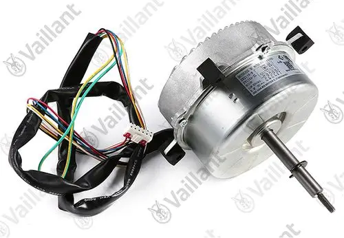 Vaillant Elektromotor mit mehreren farbigen Anschlussdrähten. Der Motor ist rund und aus Metall, mit einer Welle auf einer Seite.